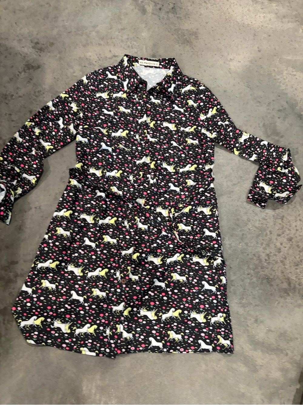 Black Horse Print Long Sleeve Shirt Dress with Waist Tie